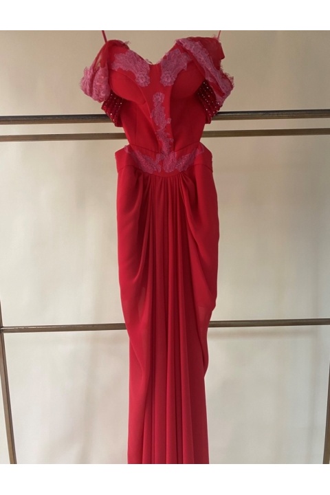 Can Çapar Couture Dantel Askılı, Straplez Kırmızı Abiye Gece Elbisesi