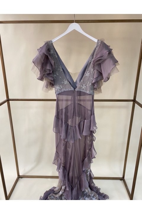 Couture drape, dantel işlemeli tül abiye elbise