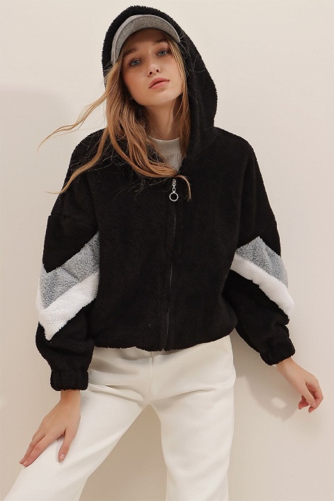 Kadın Kapüşonlu Fermuarlı Kolları Renk Bloklu Oversize Peluş