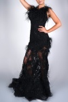 Couture siyah tüy ve taş detaylı uzun abiye elbise