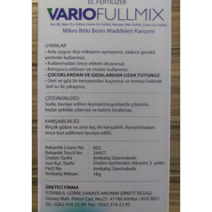 İGSAŞ vario fullmix 1 KG - Bor, Bakır, Demir, Mangan, Çinko EC Fertilizer Organomineral Gübre
