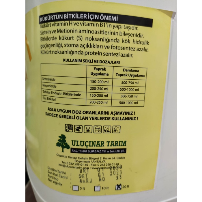 S 80 Elemental Sıvı Kükürt, Küf - Külleme İlacı 20 Lt