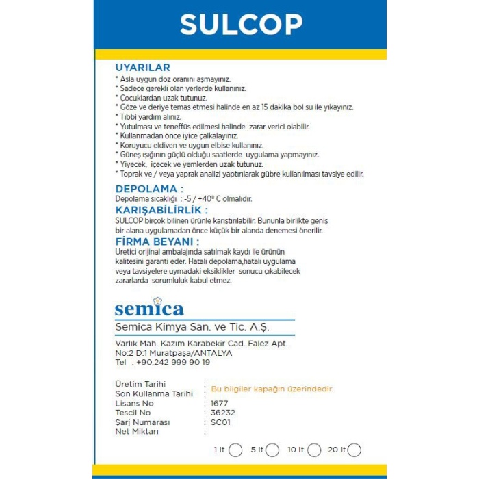 Sulcop Bakırlı Gübre Çözeltisi %10 Bakır İçerikli (100 ml)