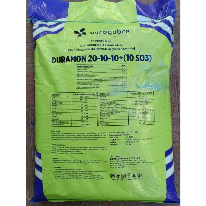 Duramon 20-10-10 + (10 SO3) NPK 25 Kg İnhibitörlü Akıllı, Yeşil Gübre