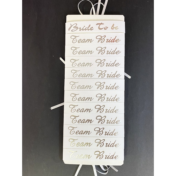 Bride To Be Bileklik - Team Bride Bileklik - Beyaz Üzeri Metalize Gümüş Yazılı 12 Adet