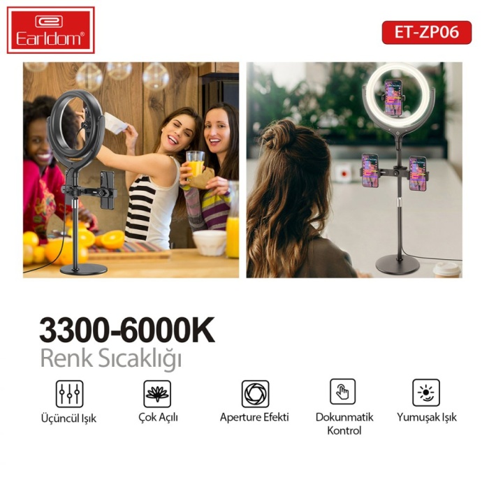 Earldom ZP06 Ayarlanabilir Açılı Dokunmatik Kontrollü Tripodlu Selfie Işığı - Beyaz