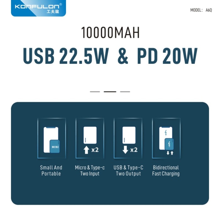 A6Q 22.5W Usb 3.0 ve 20W Type-C Çıkışlı 10.000 mAh PD Powerbank - Siyah