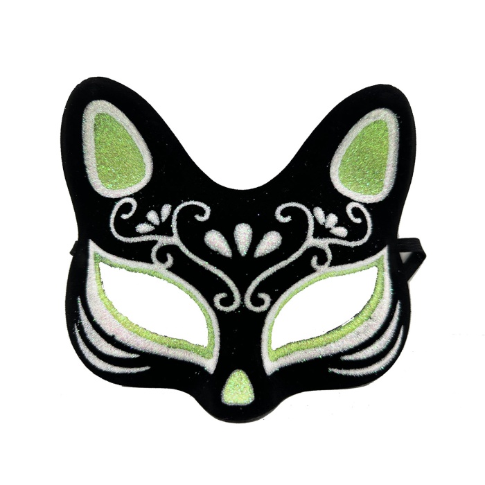 Siyah Renk Üzeri Gümüş Yeşil Simli Süet Kaplama Kedi Maskesi 17x14 cm