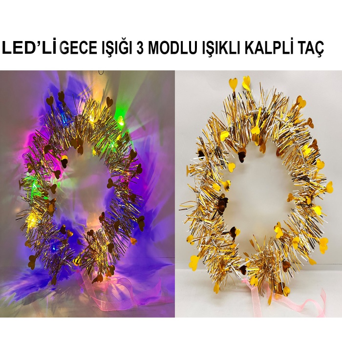 Kalp Püsküllü Gece Parıltısı 3 Modlu LED&amp;#39;li Işıklı Taç Altın Renk