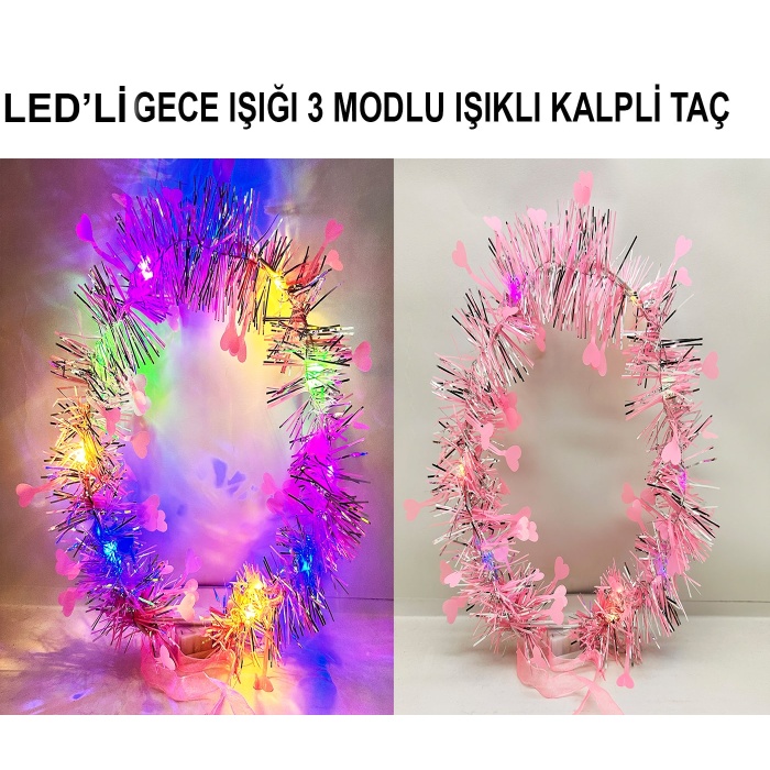 Kalp Püsküllü Gece Parıltısı 3 Modlu LED&amp;#39;li Işıklı Taç Pembe Renk