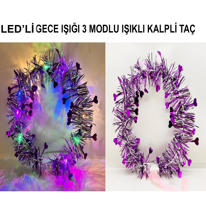 Kalp Püsküllü Gece Parıltısı 3 Modlu LED&amp;#39;li Işıklı Taç Mor Renk