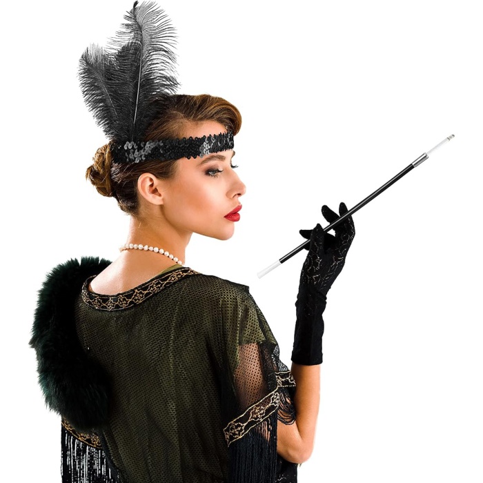 1920&amp;#39;ler Gatsby Aksesuar Seti – Siyah Charleston Saç Bandı &amp; Sigaralık