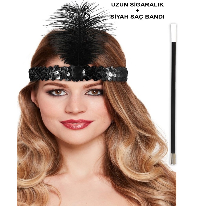 1920&amp;#39;ler Gatsby Aksesuar Seti – Siyah Charleston Saç Bandı &amp; Sigaralık