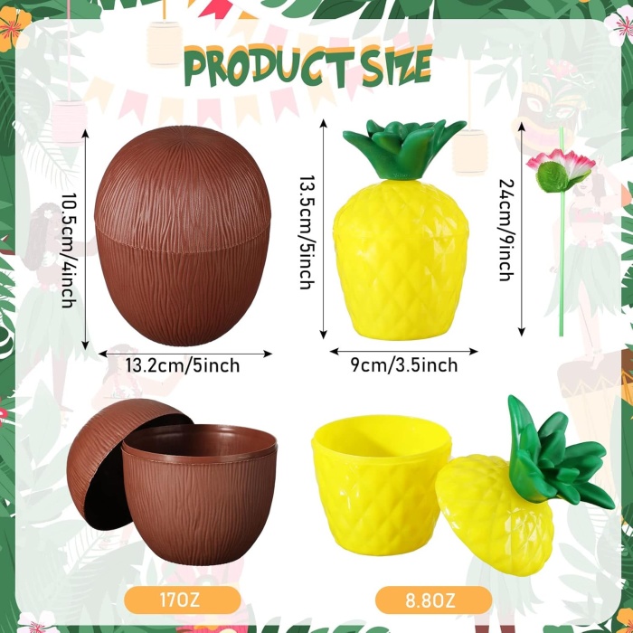 Ananas &amp; Hindistan Cevizi Tasarımlı Pipetli Bardak Seti (6 Adet)