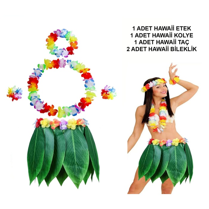 Yetişkin Hawaii Kostüm Seti - Yaprak Etek &amp; Hawaii Set - 5 Parça