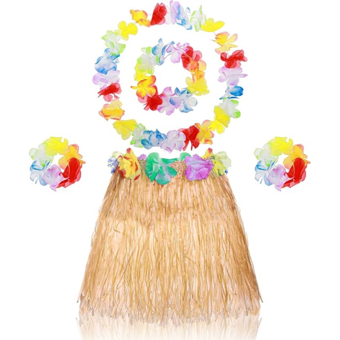 Yetişkin Çocuk Hawaii Parti Seti - 40 cm Naturel Etek + Çiçek Aksesuarlar (5 Parça)