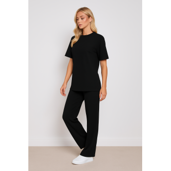 Kadın Siyah Ribana Kumaş Salaş İkili Takım – Tişört ve Pantolon