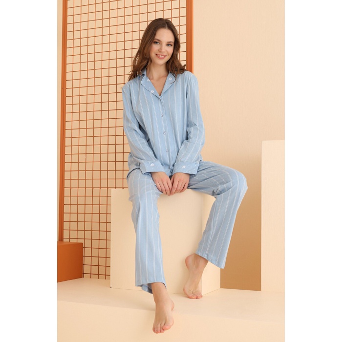 NBB 68068 Çizgili Önden Düğmeli Bayan Pijama Takım