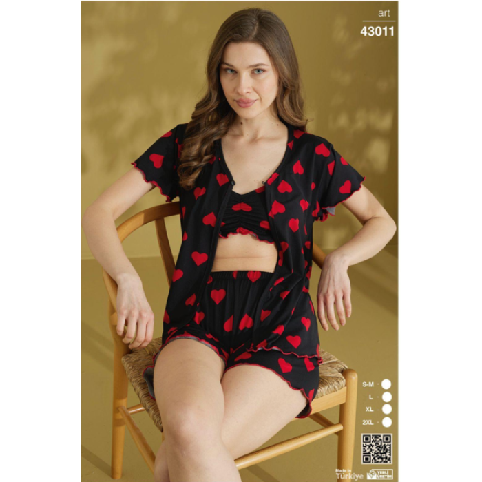 Kadın 3lü Croplu Şortlu Sabahlıklı Pijama Takımı