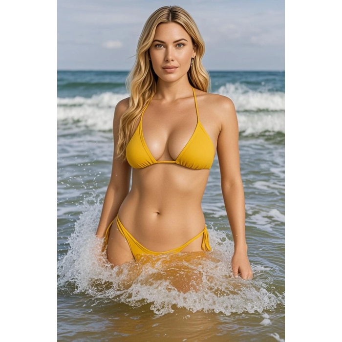 BRNCY Kadın Hardal Üçgen Bikini Takımı Ayarlanabilir Bağlamalı Üst Ve Alt