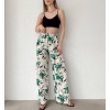 Desenli Beli Lastikli Keten Pantolon Yeşil Bej