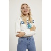 Baskılı Şardonlu  Crop Bayan Sweat Ekru
