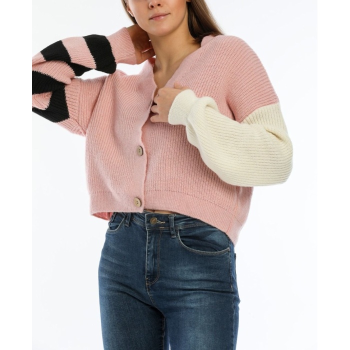 Kadın Oversize Pembe Kolları Renkli Hırka