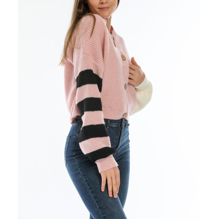 Kadın Oversize Pembe Kolları Renkli Hırka