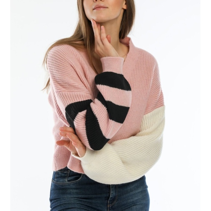 Kadın Oversize Pembe Kolları Renkli Hırka