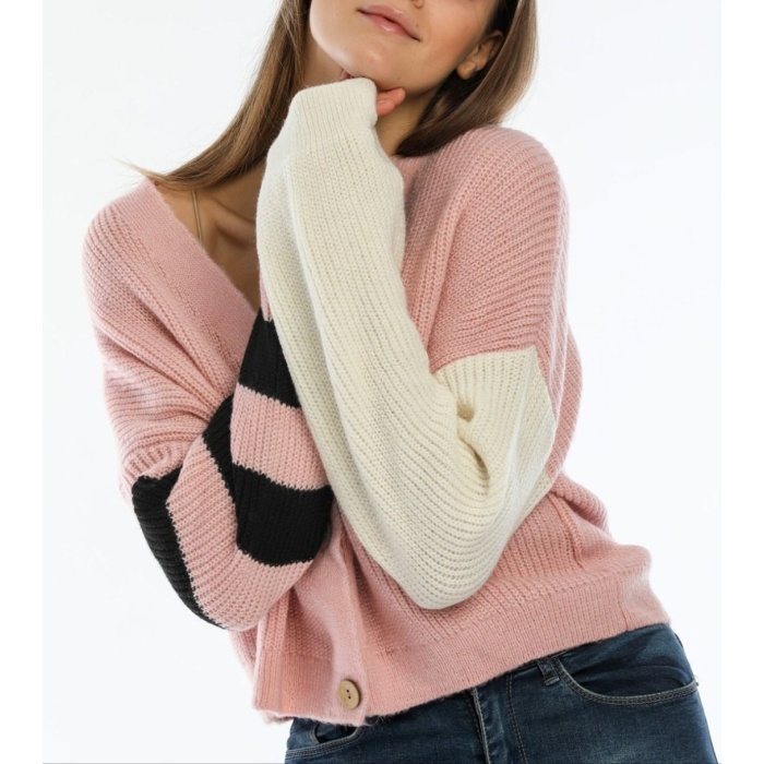 Kadın Oversize Pembe Kolları Renkli Hırka