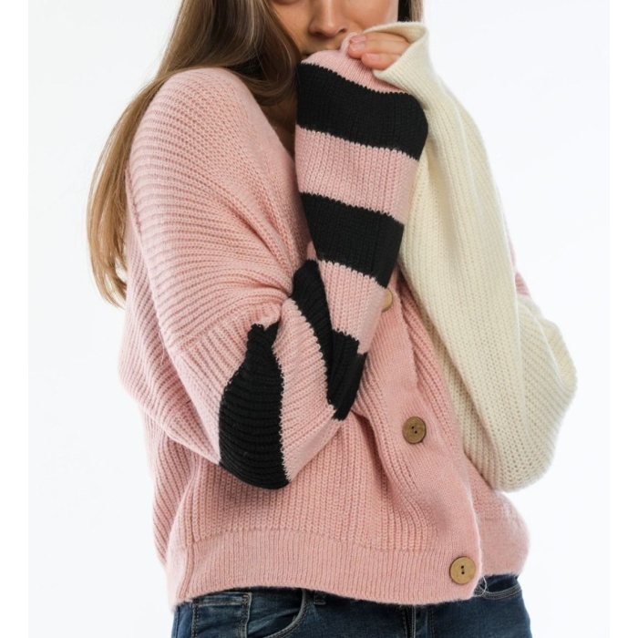 Kadın Oversize Pembe Kolları Renkli Hırka