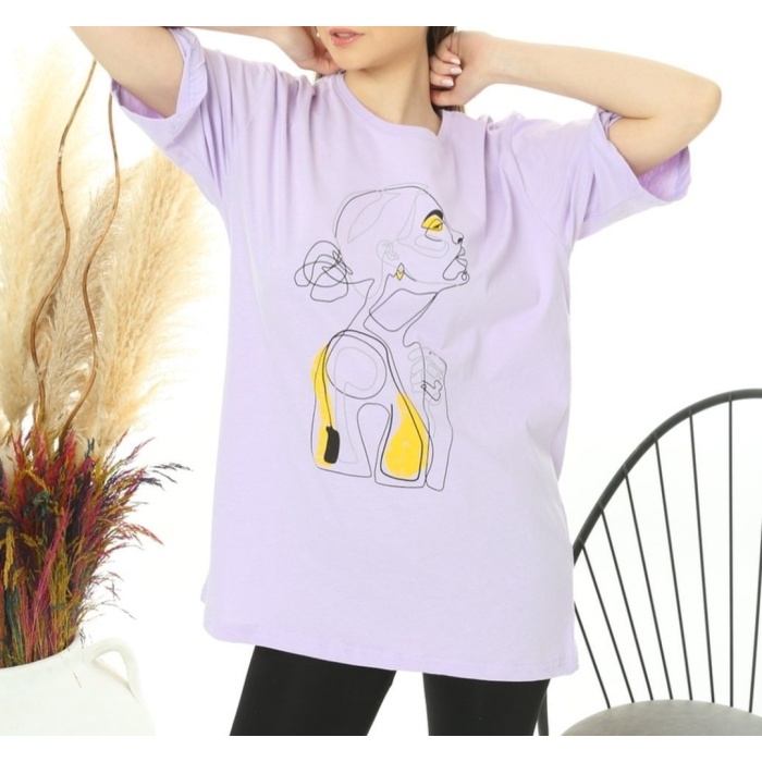 Topuzlu Kadın Baskılı Oversize Tshirt