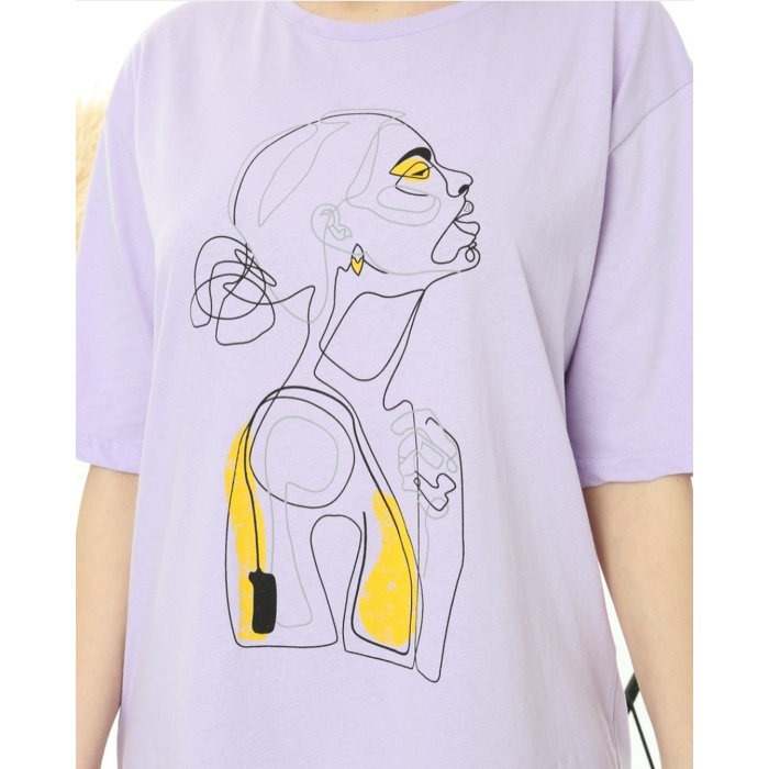 Topuzlu Kadın Baskılı Oversize Tshirt