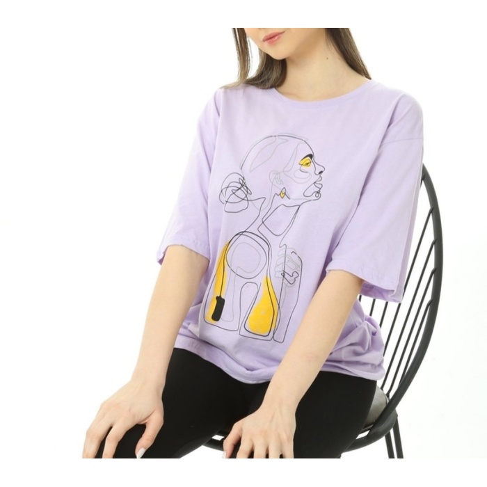 Topuzlu Kadın Baskılı Oversize Tshirt