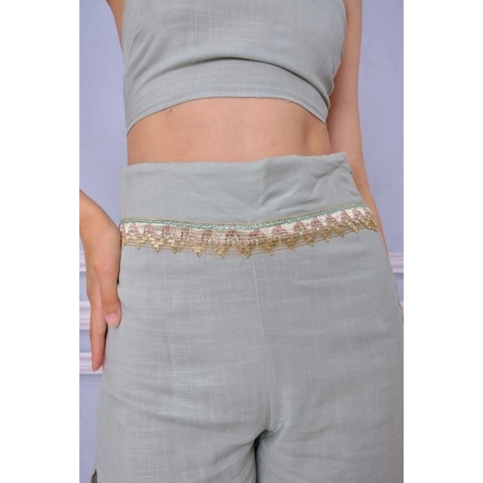 Boyundan Bağlamalı Crop Bluz Şort Takım Su Yeşili