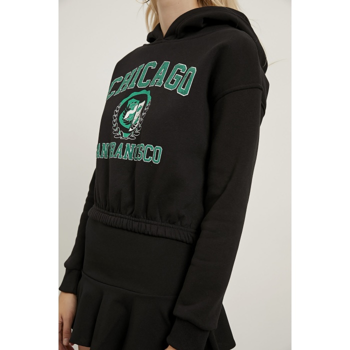 Chıcago Baskılı Şardonlu Crop Bayan Sweat Siyah