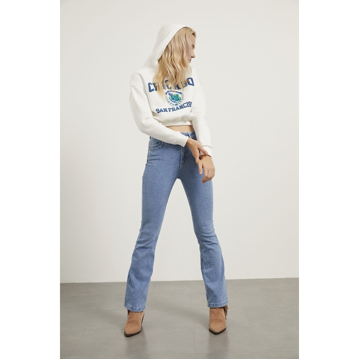 Baskılı Şardonlu  Crop Bayan Sweat Ekru