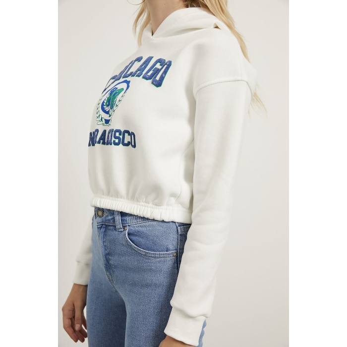 Baskılı Şardonlu  Crop Bayan Sweat Ekru