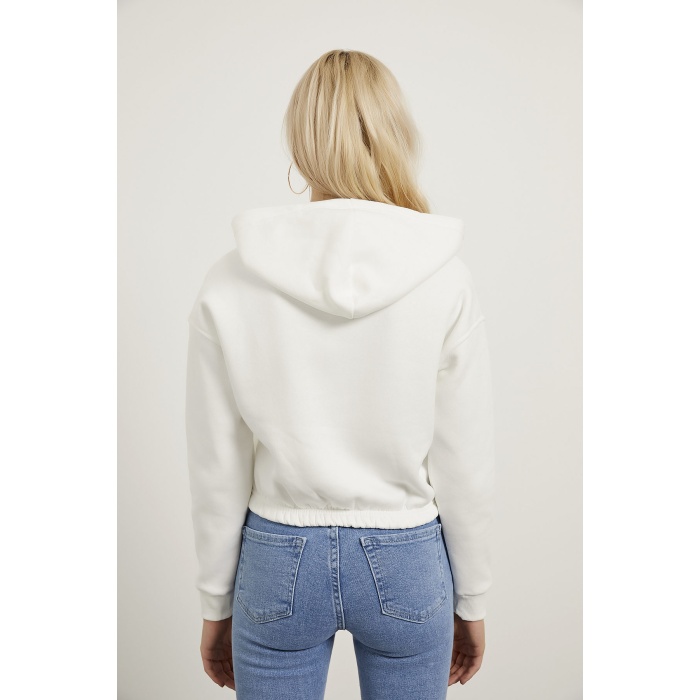Baskılı Şardonlu  Crop Bayan Sweat Ekru