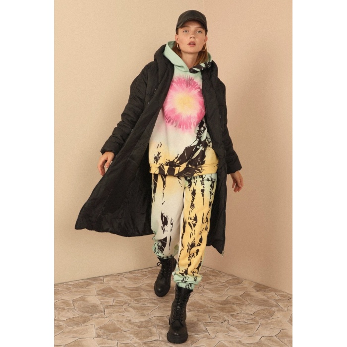 Uzun Kapitone Anorak Kalp Yaka Oversize/ Salaş Kadın Mont Siyah