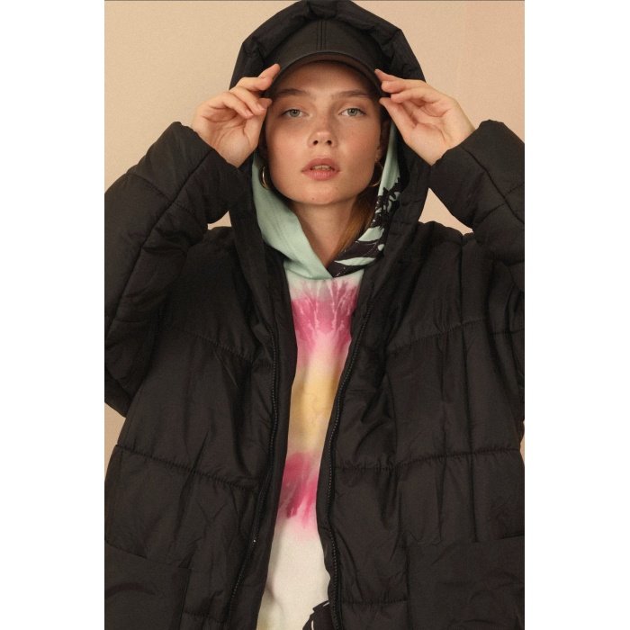 Uzun Kapitone Anorak Kalp Yaka Oversize/ Salaş Kadın Mont Siyah