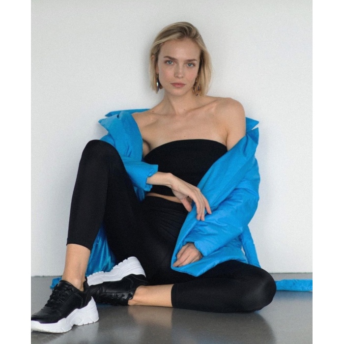Belden Bağlamalı Bayan Anorak Mont Mavi