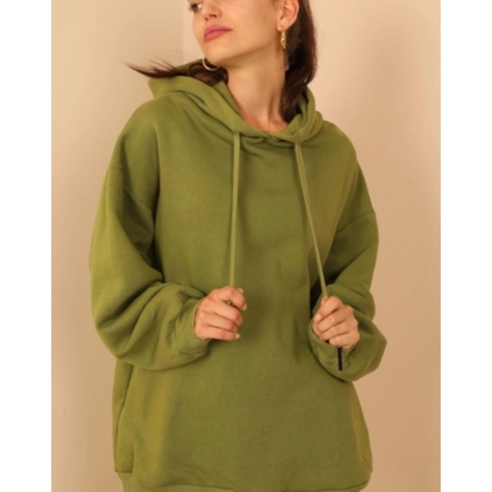 Şardonlu 3 İplik Basen Boy Kadın Kapüşonlu Sweatshirt Yeşil