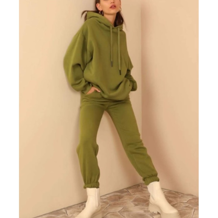 Şardonlu 3 İplik Basen Boy Kadın Kapüşonlu Sweatshirt Yeşil