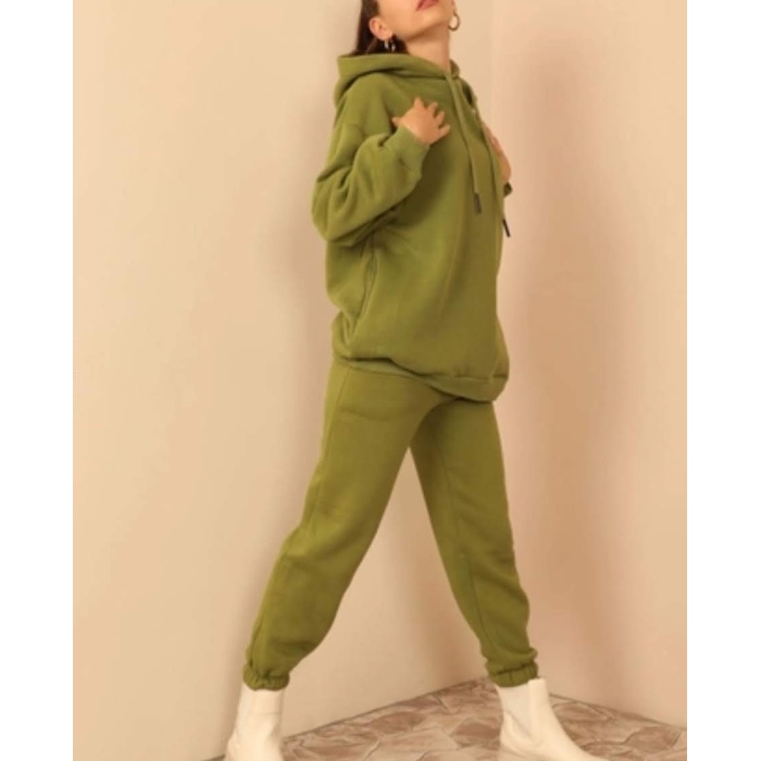 Şardonlu 3 İplik Basen Boy Kadın Kapüşonlu Sweatshirt Yeşil