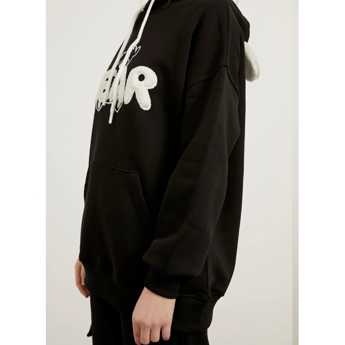 Kapüşonlu Şardonlu Nakışlı Kulaklı Sweatshirt Siyah