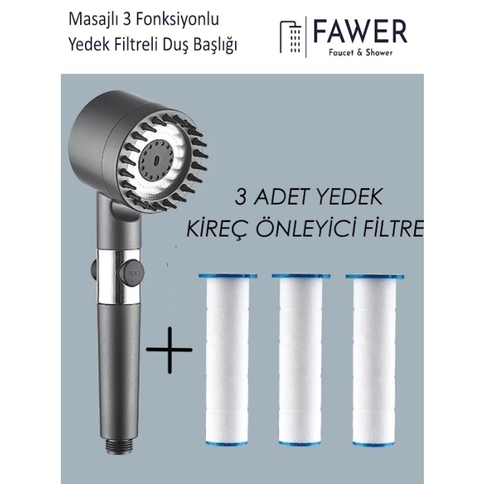 Masajlı 3 Fonksiyonlu Filtreli Antrasit El Duşu ve Yedek 3 Adet Filtre