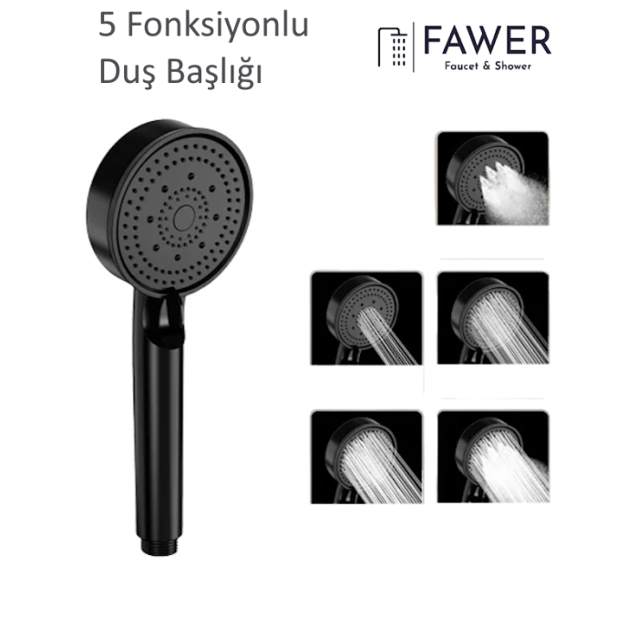 FAWER 5 Fonksiyonlu Siyah Yüksek Basınçlı Ayarlanabilir Duş Başlığı El Duşu - 408B
