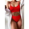Yüksek Bel Fitilli Kumaş Tankini Bikini Takım Kırmızı