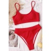 Yüksek Bel Fitilli Kumaş Tankini Bikini Takım Kırmızı